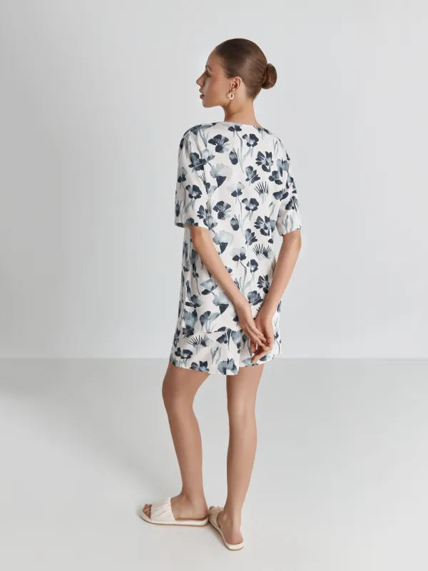 Women's shirt, home, size S, short sleeve, viscose, milk, Blue flowers, Telia, image-2