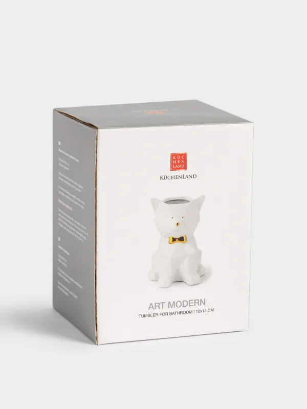 Bathroom tumbler, 14 cm, ceramic, white and gold, Cat, Art modern, image-5