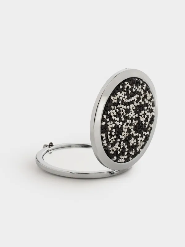 Pocket mirror, 7 cm, double-sided, steel, silver, Black sequins, Actress, image-0
