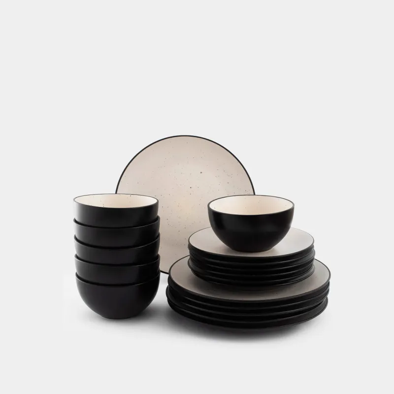 Dinner set, 6 persons, 18 ave, ceramics, black and white, speckled, Isernia