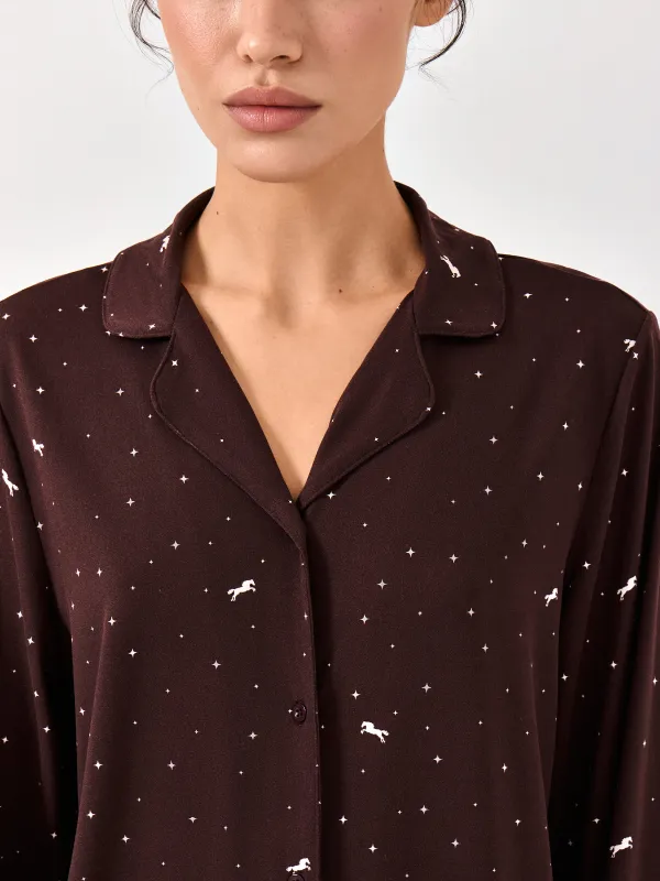 Women's shirt, homewear, size L, with long sleeves, polyester, black, Stars, Daisy, image-2