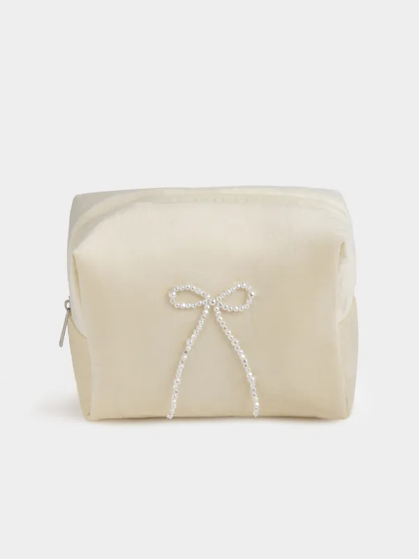 Makeup bag, 20x15 cm, polyester/plastic, milky, Pearl bow, Beauty box, image-0