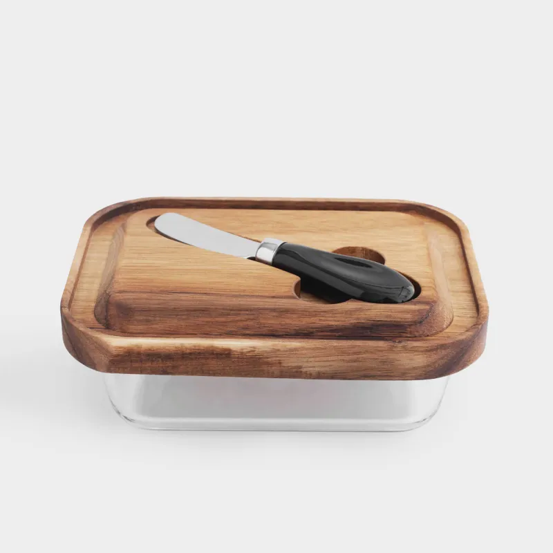 Butter dish, 18 cm, with knife, wood/glass / steel, rectangular, Noble tree
