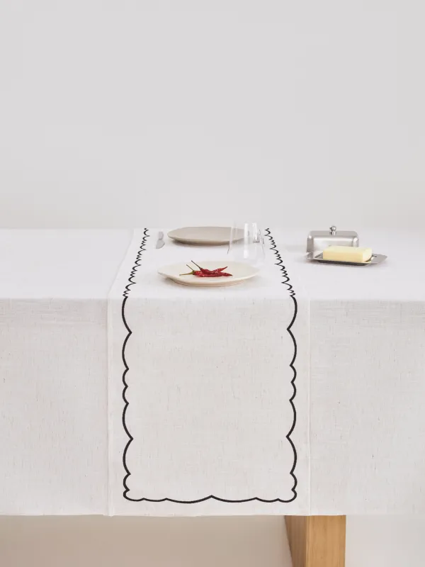 Table runner, 40x160 cm, polyester / linen, beige, Vintage, Melange outline, image-2