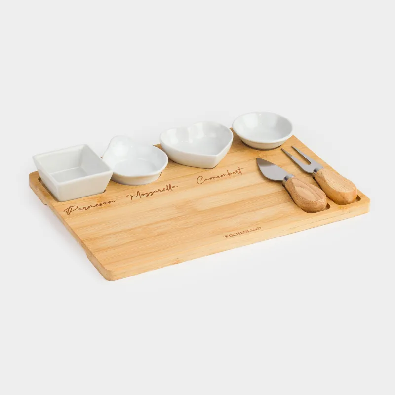 Cheese set, 7 items, dish board/bowl, ceramic / bamboo, Cheese