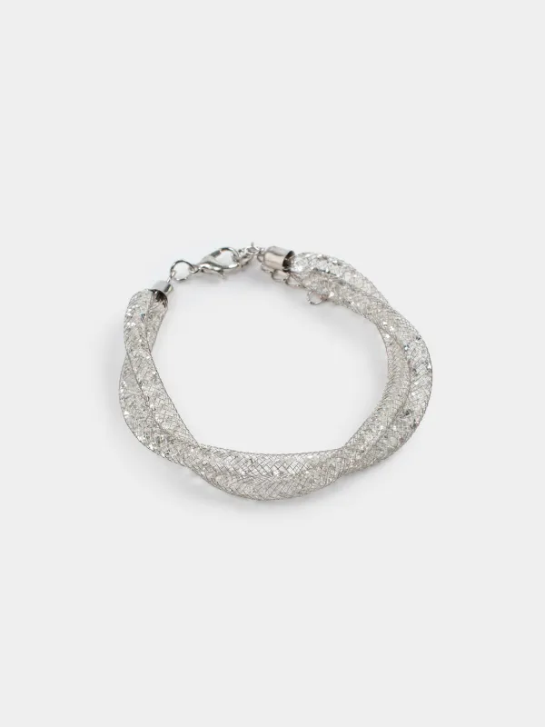 A bracelet, 24 cm, double, metal / rhinestones, silver, Weaving, Jewelry, image-1