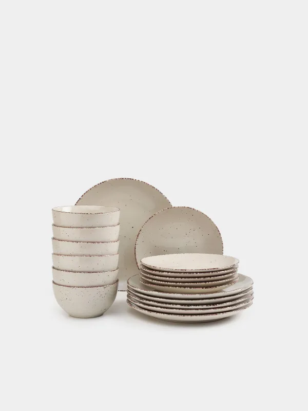 Dining set, 6 pers., 18 pr., ceramic, beige, speckled, Speckled, image-0