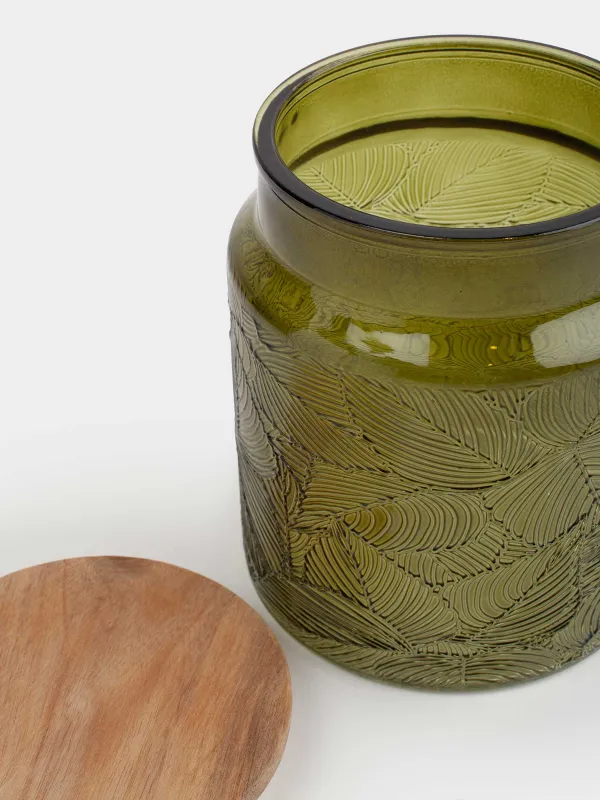Bulk products jar, 1 l, glass / wood, green, Tropical leaves, Tropical leaves, image-1