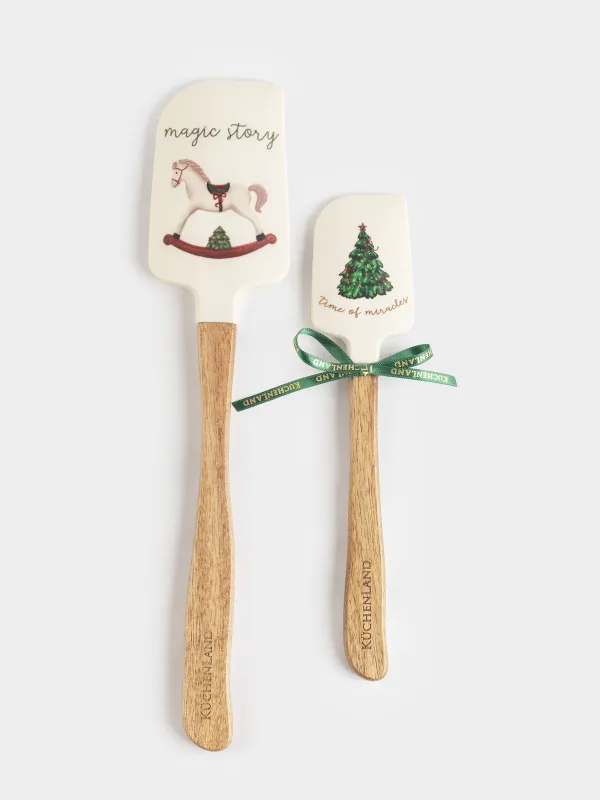 Spatula, 2 pcs, silicone / wood, white, Pomegranates and oranges, Christmas miracle, image-0