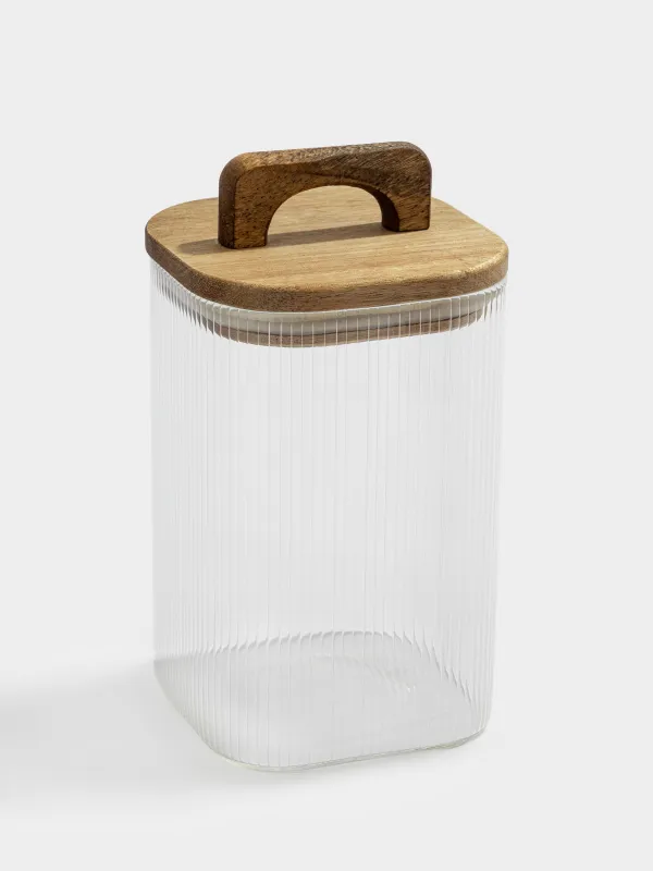 Bulk products jar, 1 l, glass R / wood, square, Ravi wood, image-1