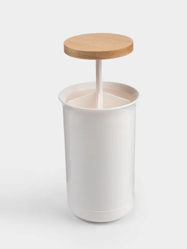 Cotton swab container, 12 cm, plastic / rubber wood, White, White style, image-2