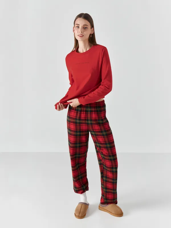 Women's two piece set, homewear, size L, with trousers, cotton, green-red, Checkered / Heart, Anllela, image-0