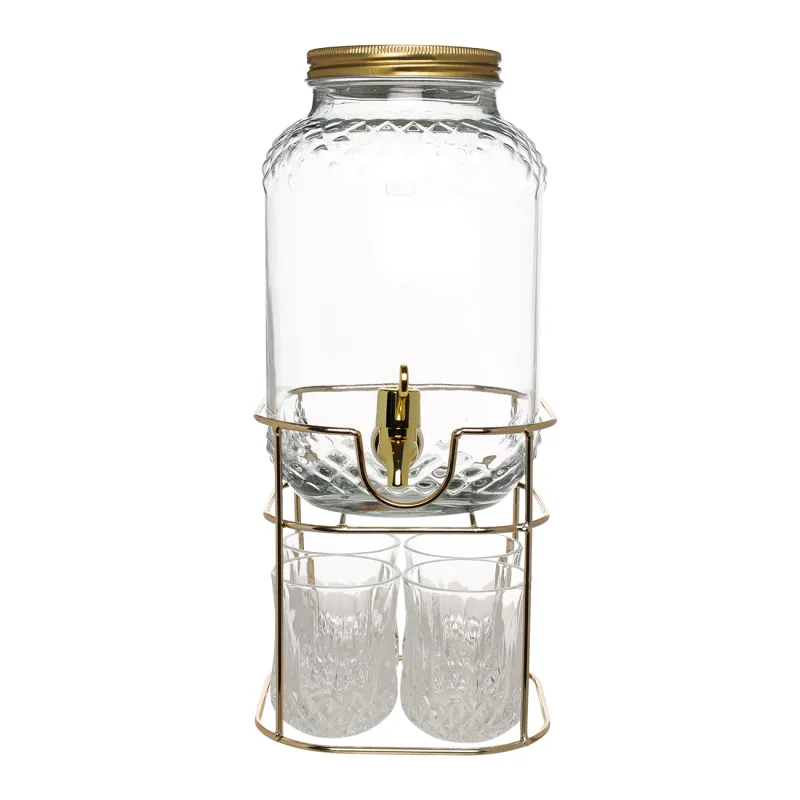 Set for drinks, 4 pers, 5 pr, dispenser on stand, gold, glass / metal, Regale, image-1