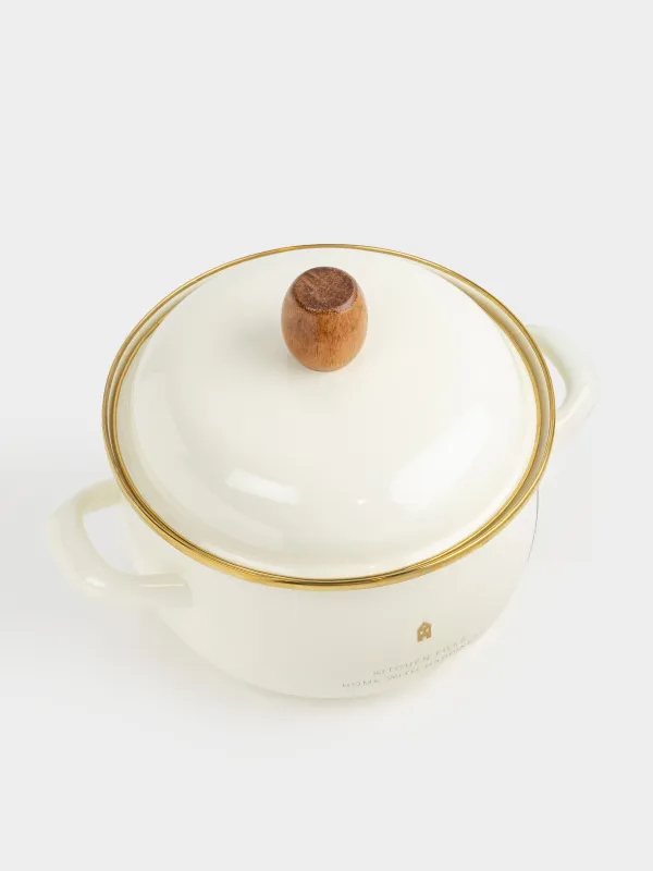 Pot, 20 cm, 2.8 l, with lid, enameled metal / wood, milky, House, Enamel, image-1
