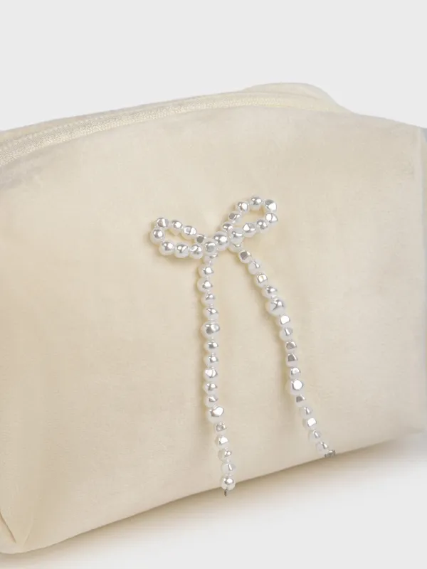 Makeup bag, 15x10 cm, polyester/plastic, milky, Pearl bow, Beauty box, image-2