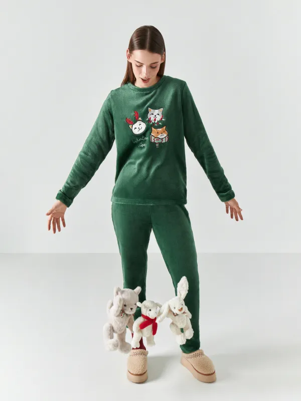 Women's two piece set, homewear, size S, with trousers, fleece, green, Cats, Amber, image-8