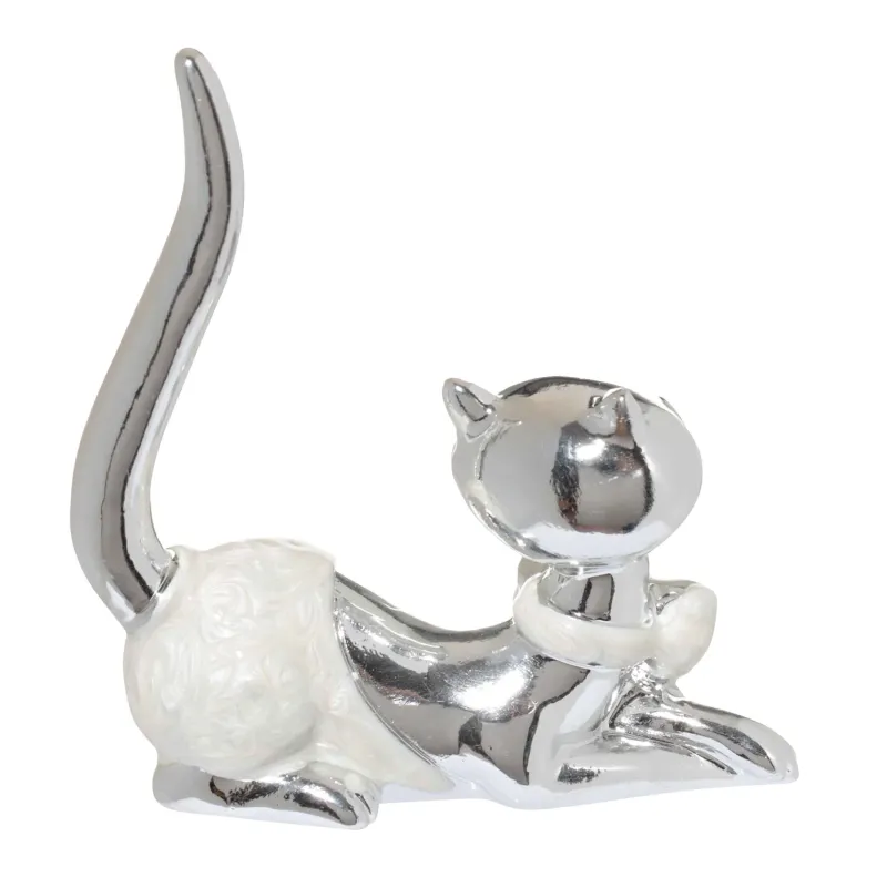 Jewelry holder, 9 cm, Polyresin, Silver, Cat with bow, Cat, image-1