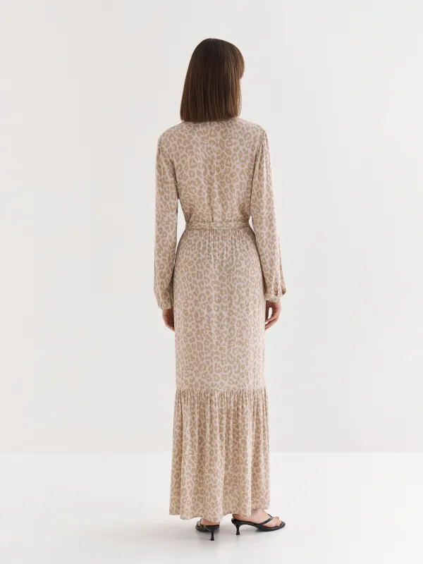 Women's dress, maxi, size S, with long sleeves, Viscose, Gray-beige, Leopard, Becky, image-6