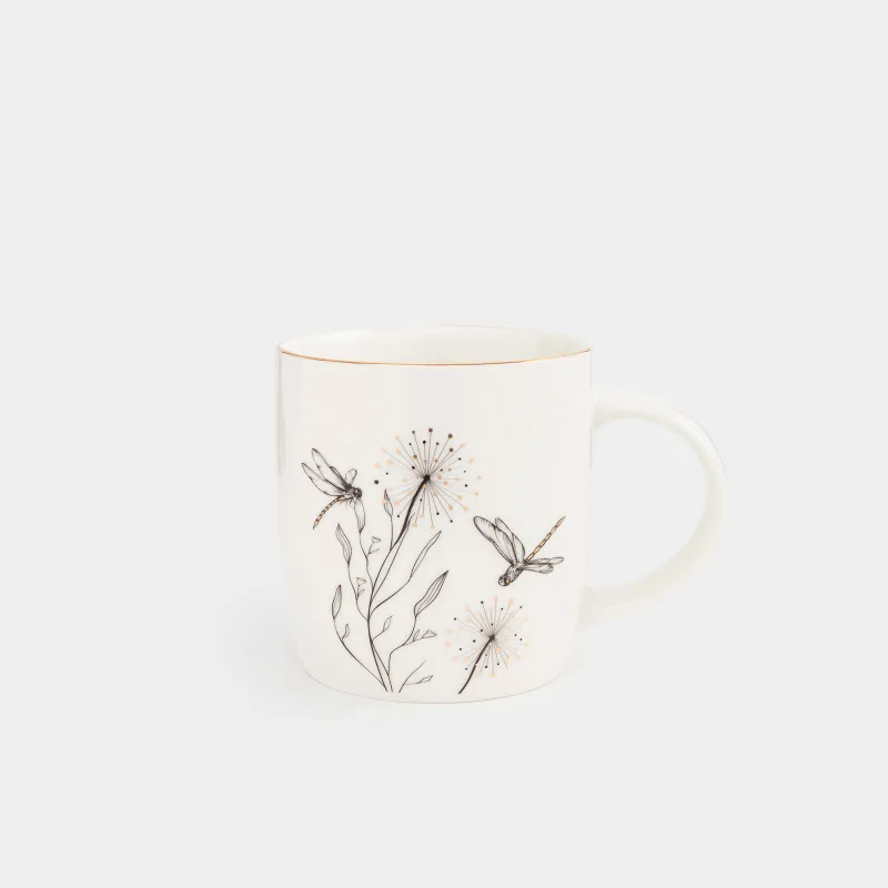 Mug, 380 ml, porcelain N, white, with golden edging, Dragonflies and dandelions, Dragonfly