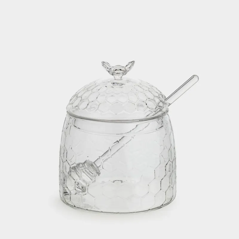 Honey jar, 400 ml, with spoon, glass, Honeycomb, Honey