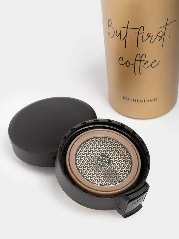 Thermo mug, 380 ml, steel / plastic, gold, matte, But first, cofee, Voyage, image-3