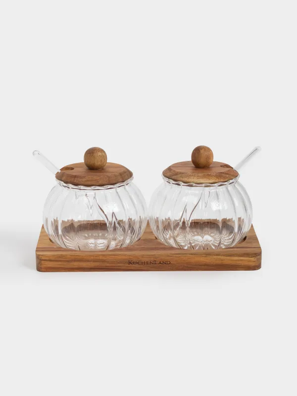 Jam bowl, 300 ml, 2 pcs, with spoon, on stand, glass / wood, Noble tree, image-0