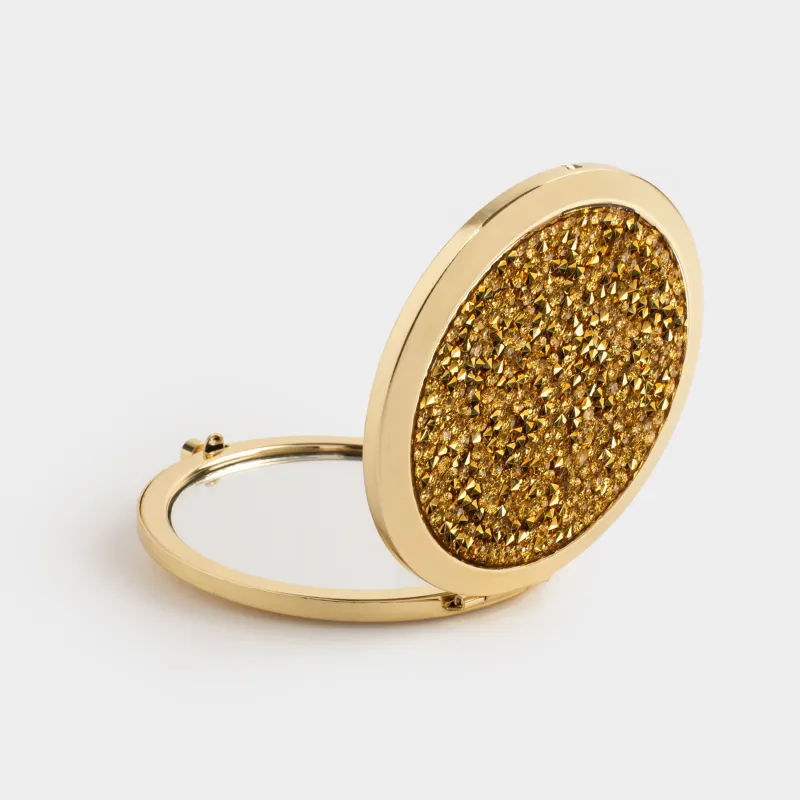 Pocket mirror, 7 cm, double-sided, steel, gold, Sequins, Actress