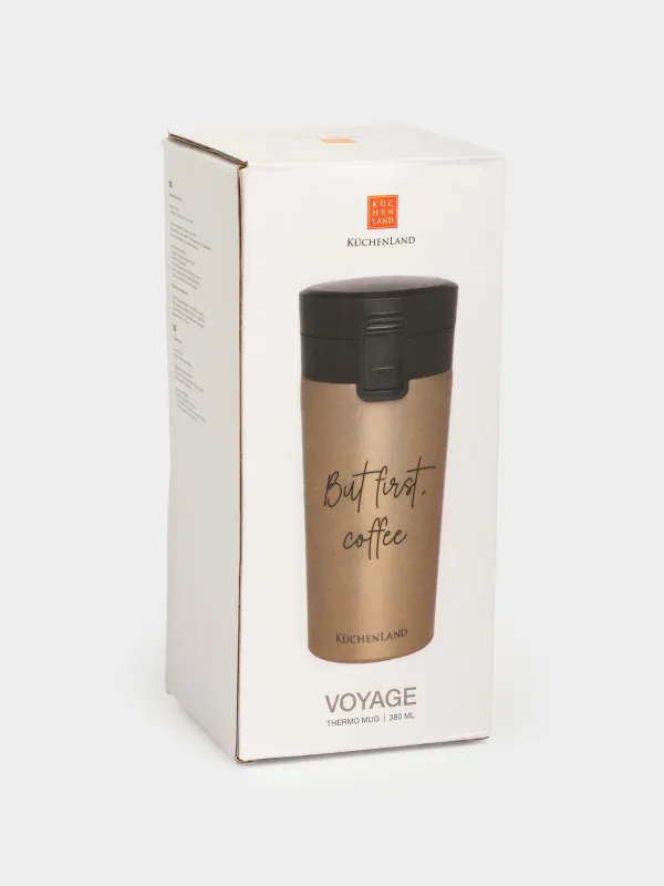 Thermo mug, 380 ml, steel / plastic, gold, matte, But first, cofee, Voyage, image-4