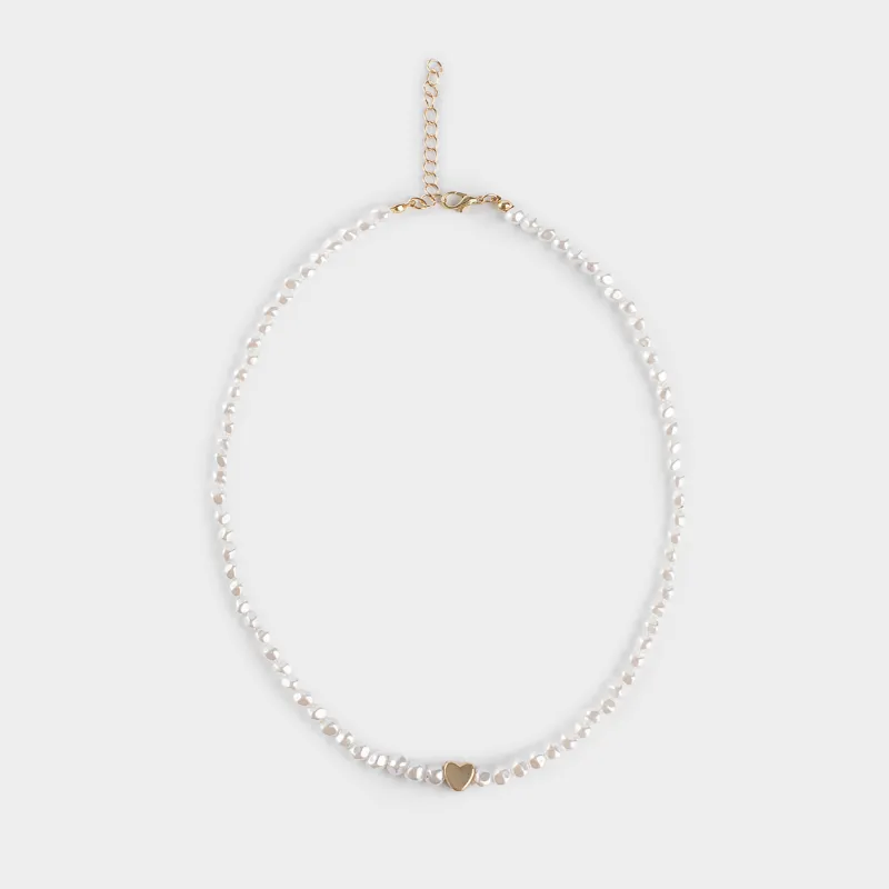 Choker, 38 cm, plastic / glass, white and gold, Heart, Pearl heart