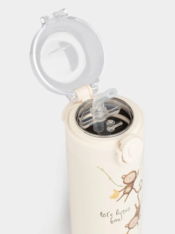 Children's thermos flask, 320 ml, with tube, steel / plastic, beige, DESIGN, Cute vessel, image-2