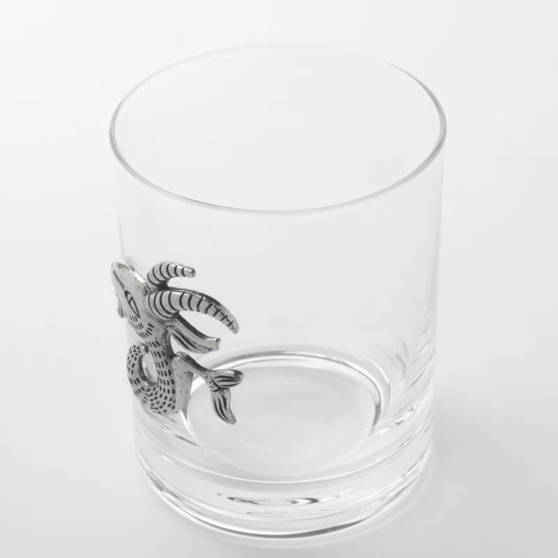 Whiskey glass, 10 cm, 340 ml, glass / metal, silver, Capricorn, Zodiac, image-1