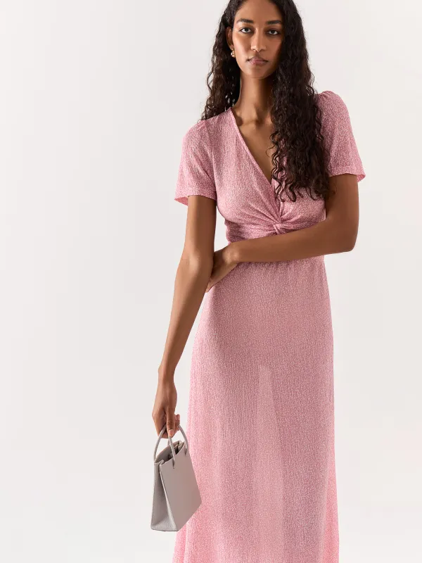 Women's dress, maxi, size S, with short sleeves, polyester, Pink, Flowers, Umina, image-1