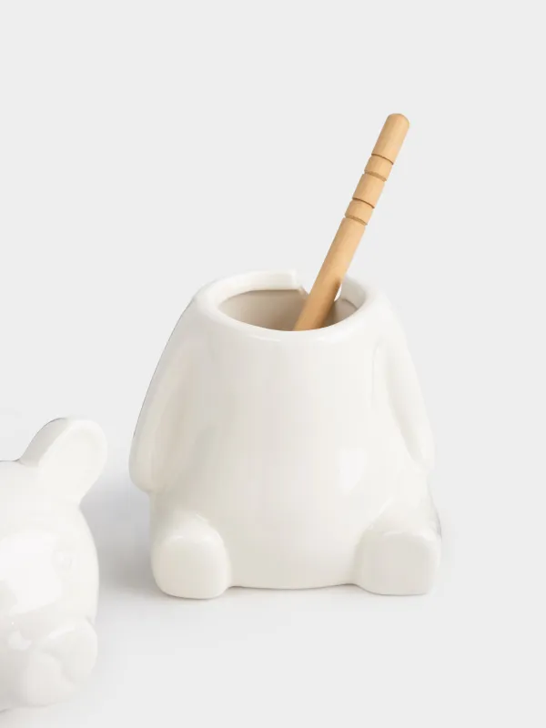 Honey jar, 250 ml, with spoon, Porcelain P / bamboo, Bear, Speckled black, image-3