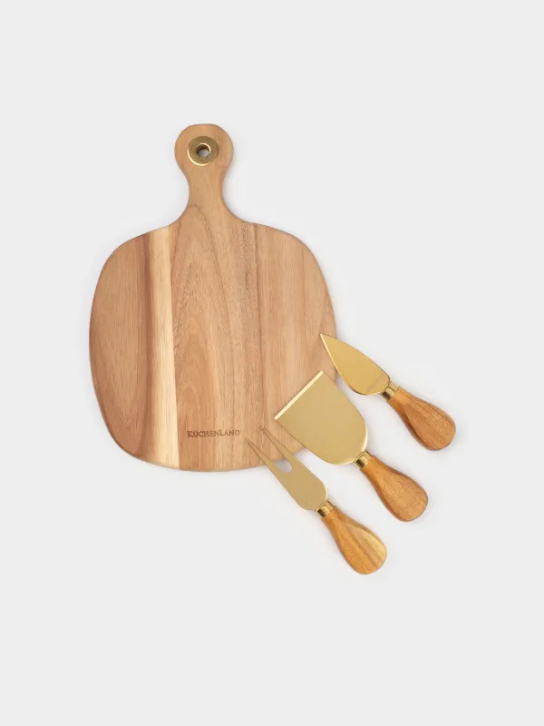 Cheese set, 4 pcs, dish board with handle, steel / wood, golden, Cheese gold, image-0