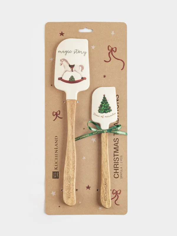 Spatula, 2 pcs, silicone / wood, white, Pomegranates and oranges, Christmas miracle, image-5