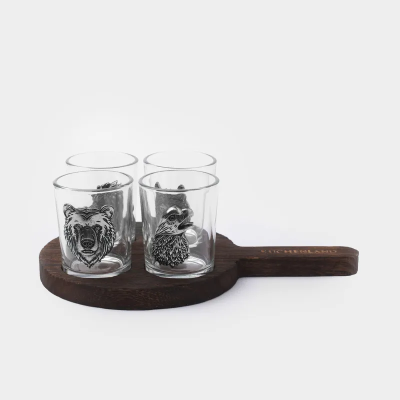 Drinking glass, 80 ml, 4 pcs, on a stand, glass/metal/tree, Eagle and beasts, Lux elements decor