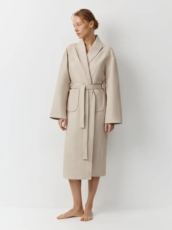 Women's robe, homewear, size L, with long sleeves, waffle, cotton, milky, Lucky, Stefani, image-1