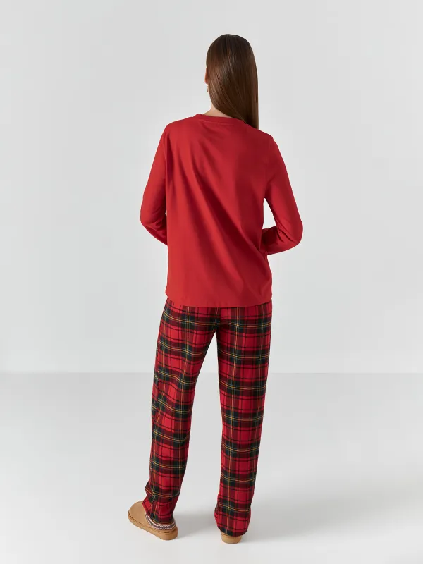 Women's two piece set, homewear, size L, with trousers, cotton, green-red, Checkered / Heart, Anllela, image-3