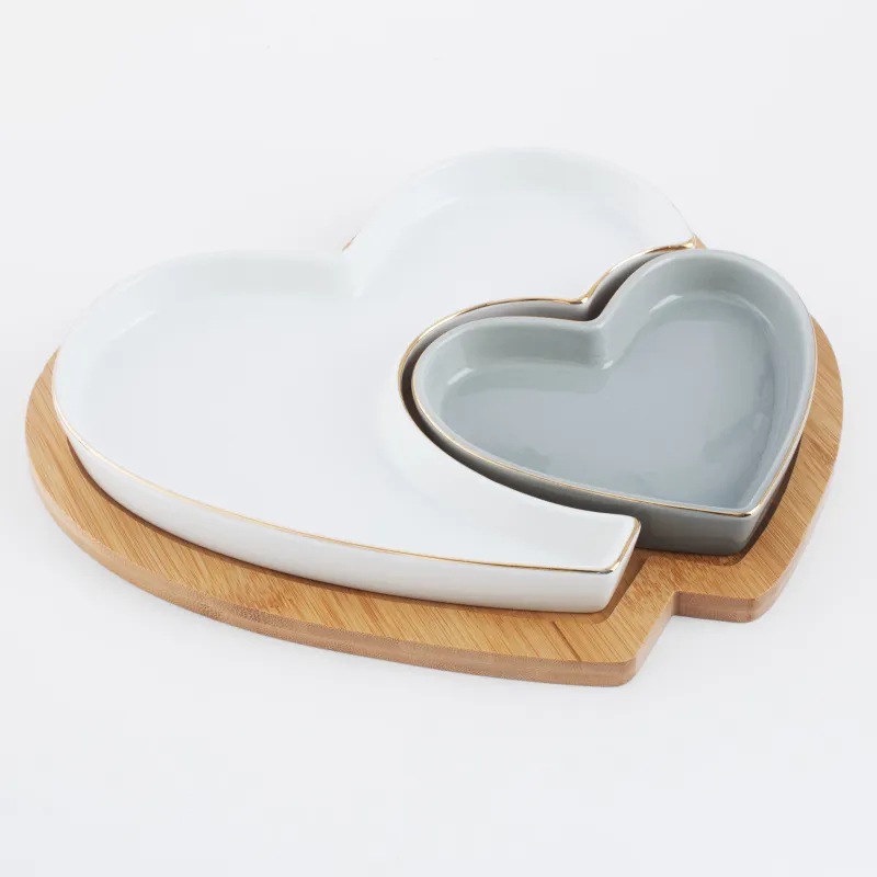 Snack set, 26x22 cm, 2 compartments, collapsible, on a stand, porcelain P / bamboo, white / grey, Heart