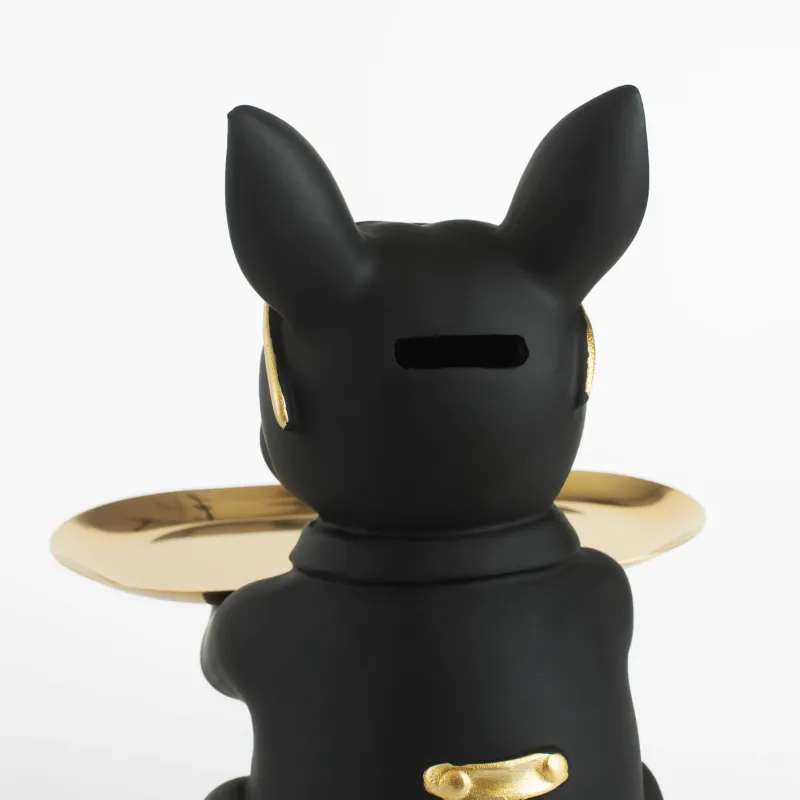 Decorative dish, 23 cm, with piggy bank, polyresin / metal, golden-black, Bulldog, Dog, image-5