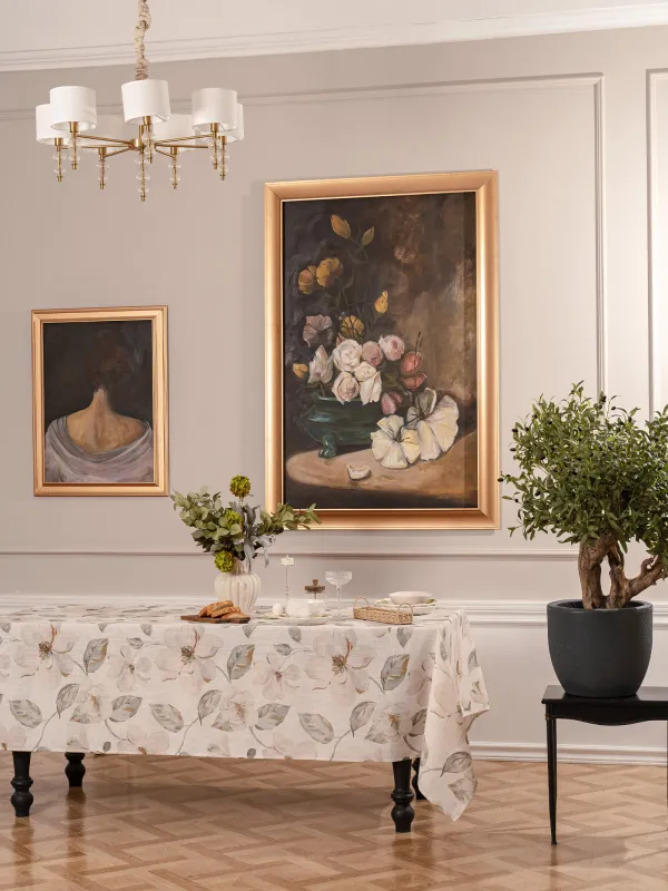 Tablecloth, 170x250 cm, polyester / linen, milk yellow, Flowers, Flowery flax, image-9