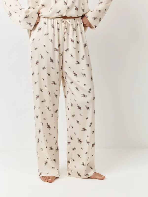 Women's trousers, homewear, size L, polyester, milky, Flowers, Roktania, image-1