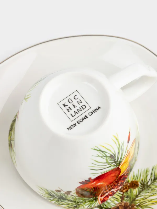 Tea pair, 1 person, 2 items, 250 ml, porcelain N, white, with golden edging, Pomegranates and orange, Christmas miracle, image-5