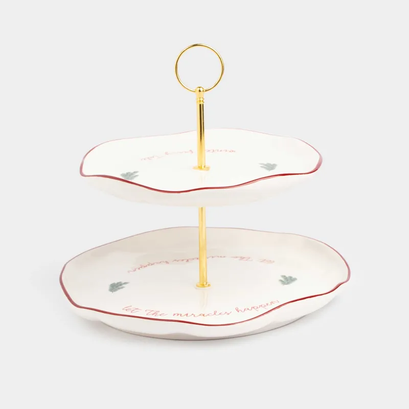 Cake stand, 25x21 / 26 cm, 2 tiers, ceramic / metal, Christmas tree and horse, Christmas tree