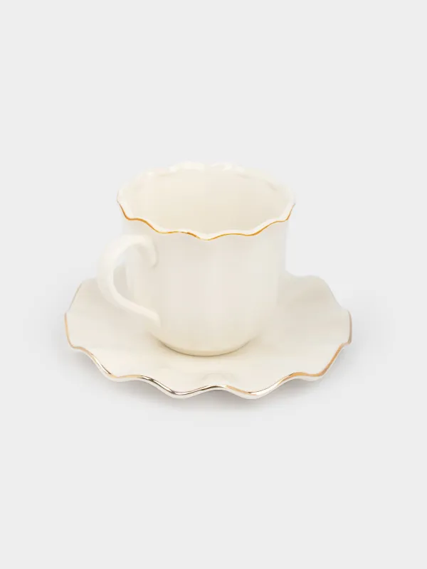 Tea pair, 1 person, 2 items, 350 ml, porcelain P, with golden edging, Wavy edge, Crumple gold, image-1