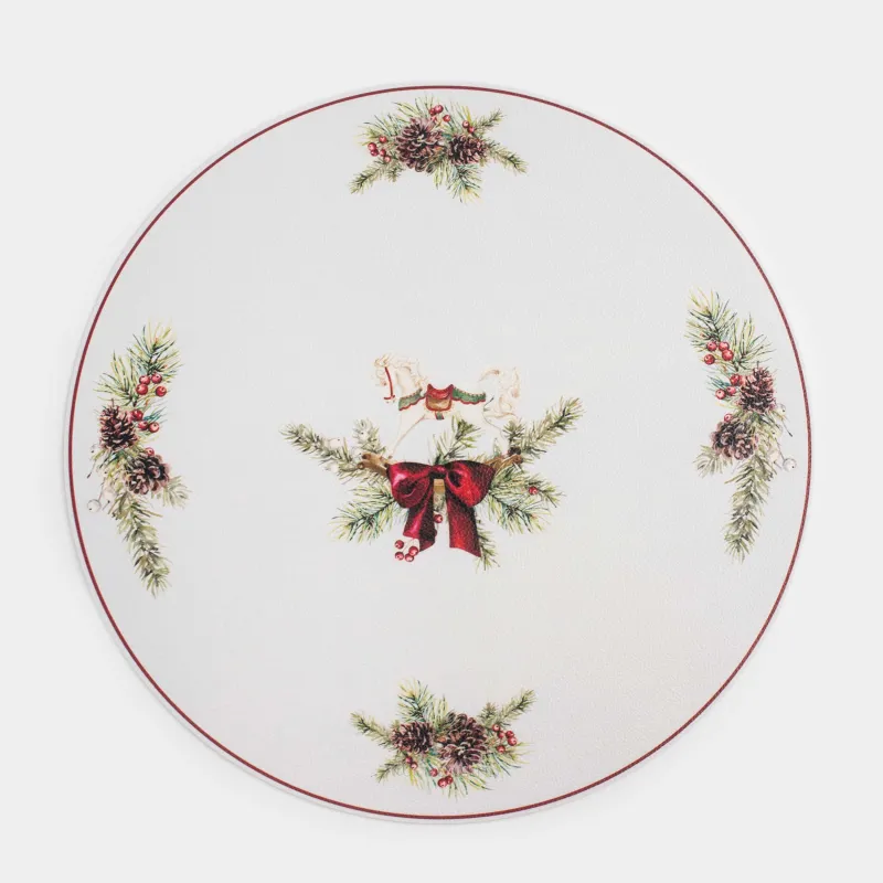 Placemat, 38 cm, PVC, round, white, Horse and fir branches, Rock print