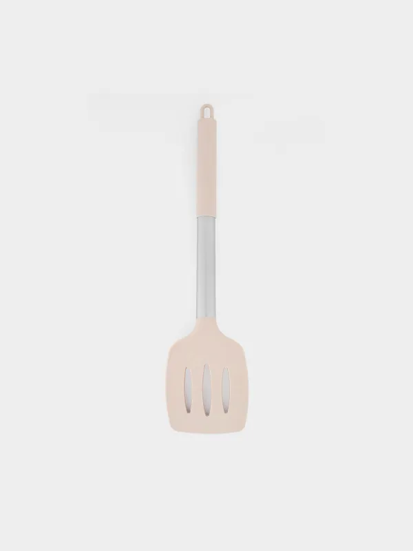 Spatula, 34 cm, with slits, silicone / steel, grey-beige, Metallic, image-1
