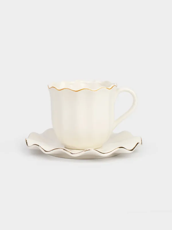 Tea pair, 1 person, 2 items, 350 ml, porcelain P, with golden edging, Wavy edge, Crumple gold, image-0