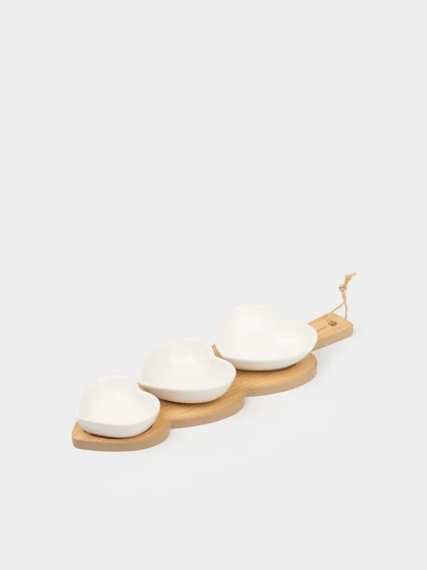 Snack set, 3 items, on a stand, ceramic / bamboo, Hearts, Heart, image-0