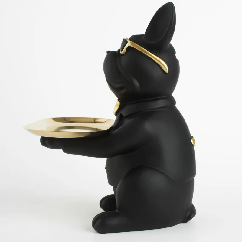Decorative dish, 23 cm, with piggy bank, polyresin / metal, golden-black, Bulldog, Dog, image-2